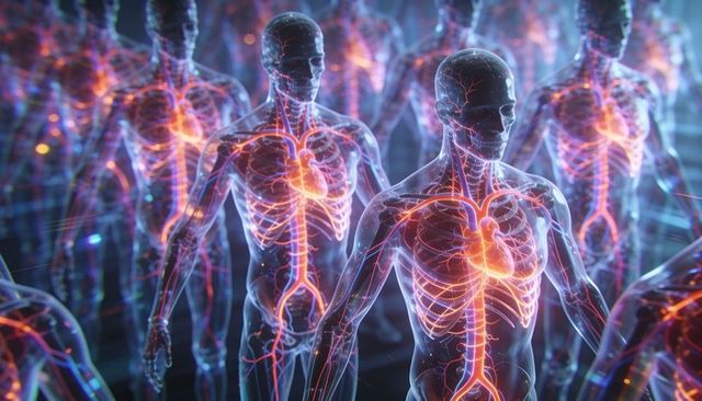 Translucent human anatomy showing glowing heart and vascular network in virtual lab
