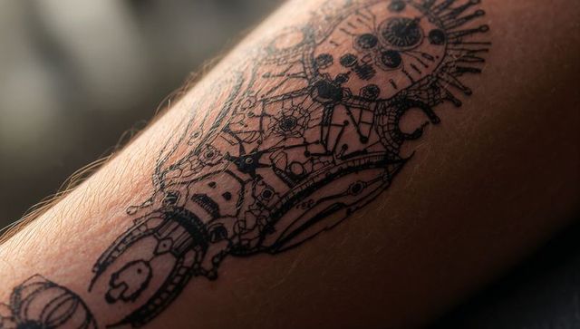 Intricate Steampunk Mechanical Line Tattoo Close-Up