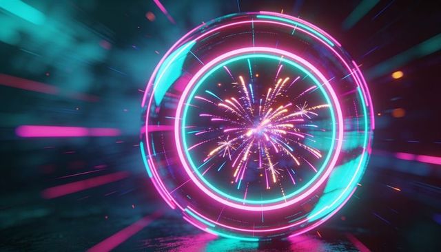 Pulsing neon concentric rings with spark burst in futuristic vr tunnel, cyberpunk glow
