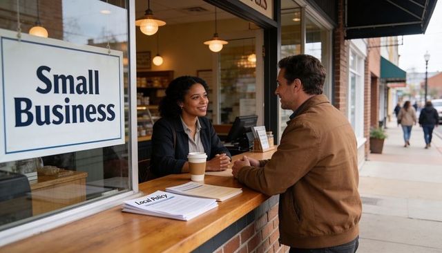 Small business owner advising customer over local policy at coffee shop window counter