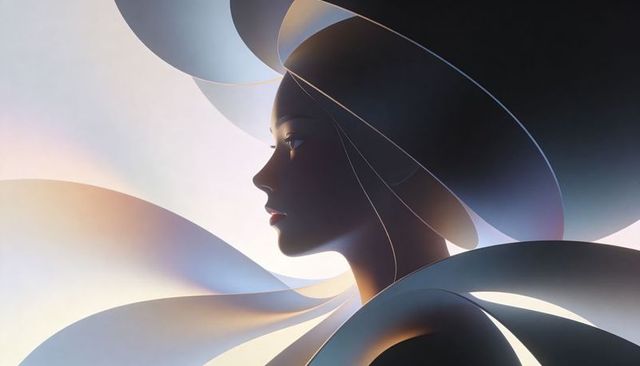 Ethereal Female Profile with Ribbon Halo Abstract Gradient Portrait in Soft Light