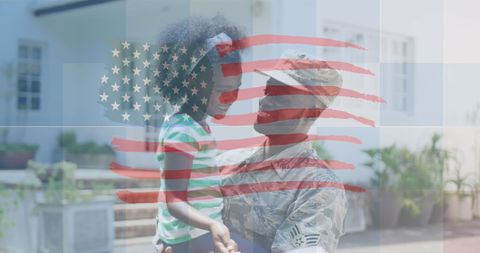 American Soldier Embracing Daughter with Flag Overlay