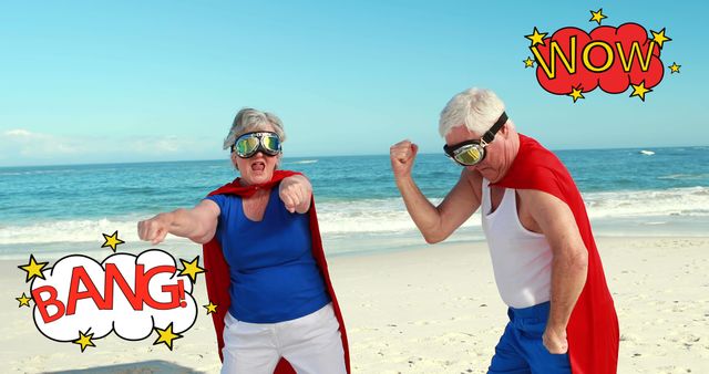 Elderly couple dressed in superhero costumes enjoying beach, embodying playful and active spirit. Adding humor and positivity, perfect for use in advertising campaigns, social media posts about lifestyle, travel, health, active aging.