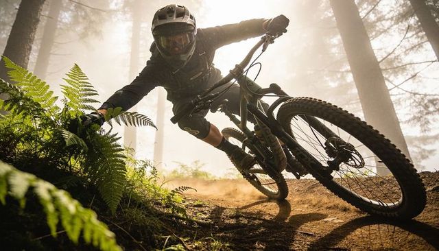 Aggressive mountain biker carving dusty trail through misty pine forest, low-angle action