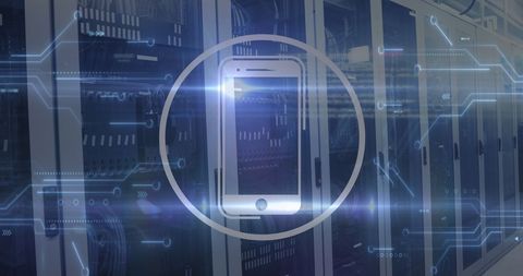 Smartphone Icon Overlaying Data Servers and Processor Imagery - Download Free Stock Images Pikwizard.com