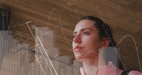 Woman Analyst Gazing at Futuristic Data Overlays for Business Intelligence and Strategy
