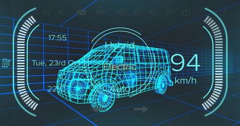 Futuristic 3D Wireframe Van in Virtual Simulation Interface