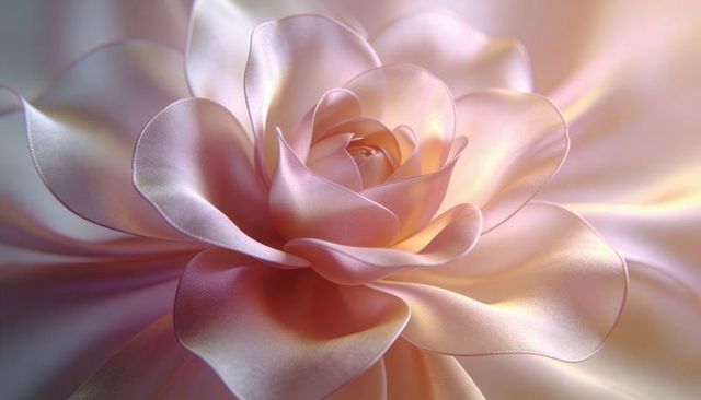 Iridescent satin rose with ribbon petals macro close-up, pearl sheen background