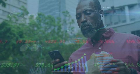 Professional checking stock market charts on smartphone with earbuds and analytics overlay