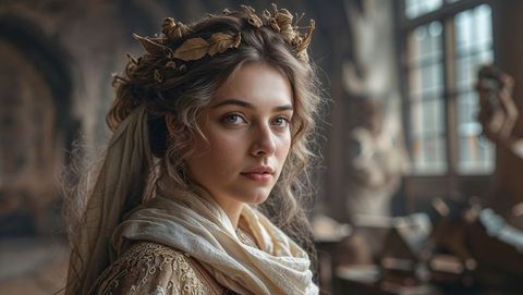 Woman wearing natural crown in vintage art studio