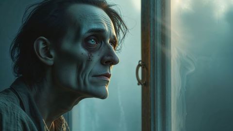 Elderly woman gazing through misted glass evoking solitude and serenity