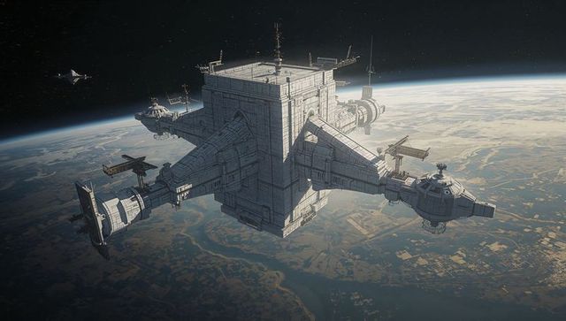 Orbiting massive cubic space station with four radial docking arms over planet surface