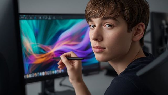 Teenage boy creating digital art on monitor with stylus