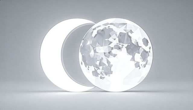 Glowing crescent moon and faceted crystal sphere on matte gray surface minimalist