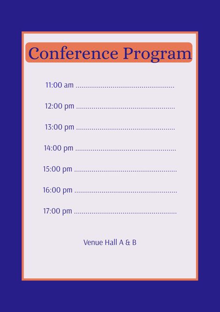 Professional conference program itinerary details times of speeches or presentations. Blue and white design with distinct headings. Useful for corporate events, professional meetings, seminars, workshops, educational events, goal setting, and strategic planning.