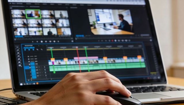 Video editor using mouse on laptop timeline close-up for content creation post-production