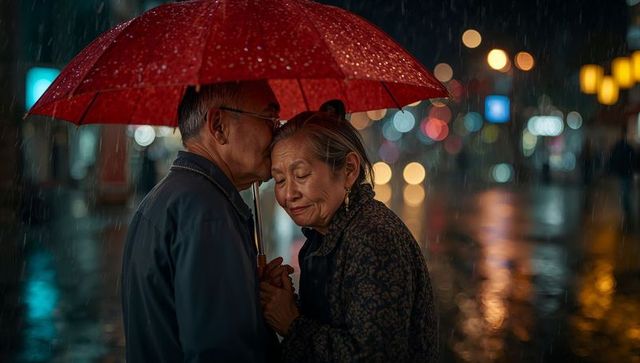Elderly asian couple kissing under red umbrella on rainy night city street with bokeh lights