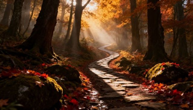 Winding stone path through sunlit autumn forest with moss, mist and amber sunbeams