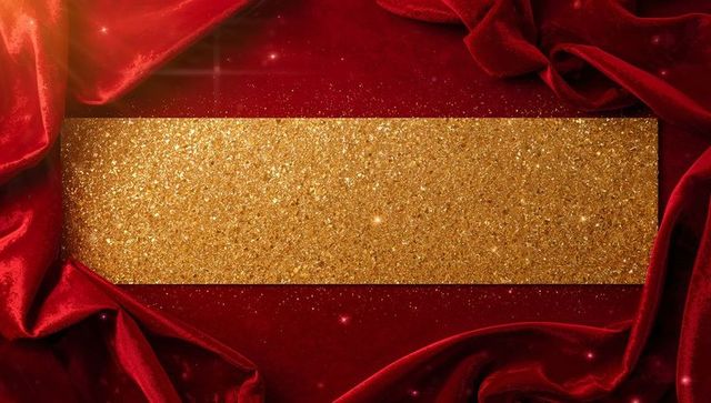 Red velvet drapes framing gold glitter banner with sparkling stars and warm lens flare