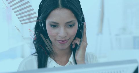 Businesswoman Using Headset for Data Analysis in Modern Office