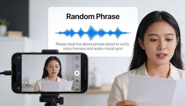 Asian woman reading verification phrase for voice liveness test using smartphone tripod