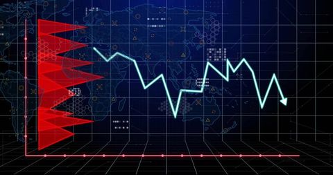 Neon Analytics Dashboard Showing Declining Cyan Line Chart with Red Volume Histogram