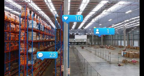 Modern Warehouse with Social Media Interaction Overlays