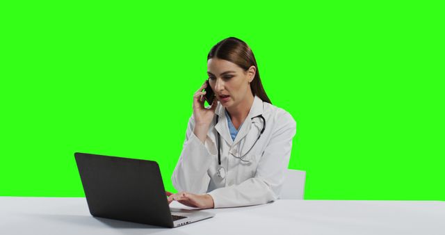 Ideal for illustrating themes of telemedicine and remote healthcare. Perfect for educational materials, websites, and advertisements related to medical services, online consultations, and technology in healthcare. Green screen background allows for customizable content insertion.