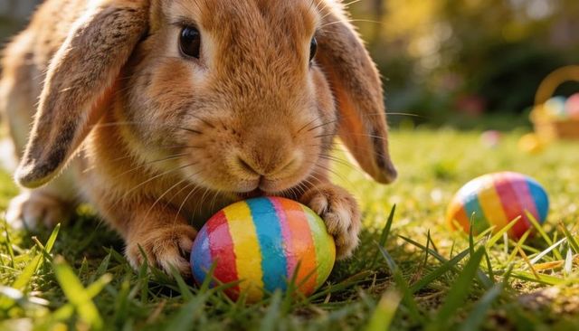 Brown lop-eared bunny nuzzling rainbow easter egg on sunlit grass