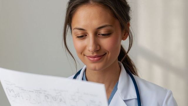 Young doctor reading patient chart and smiling, wearing white coat and stethoscope