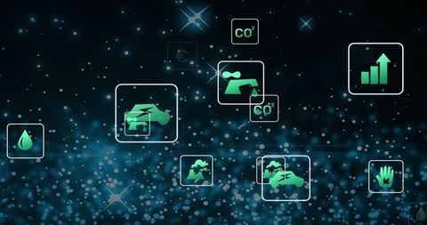 Floating Green Data Tiles Showing Electric Mobility, CO2 Emissions, Water and Growth Metrics