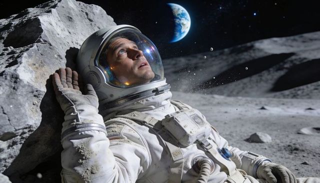 Astronaut Leaning on Lunar Boulder Gazing at Earth Rising in Pressurized Suit with Dust and Stars
