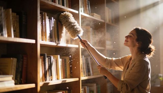 Woman dusting sunlit bookshelf in cozy library, smiling while clearing motes and dust