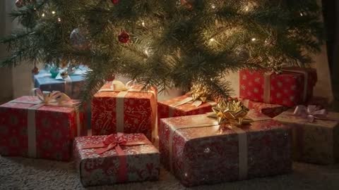 Warm Holiday Morning: Tree Lights Glowing and Presents Resting Under Evergreen Branches