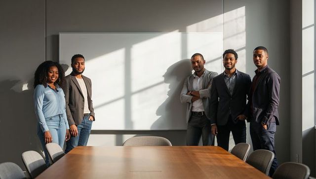 Business team standing in sunlit conference room beside whiteboard, confident leadership
