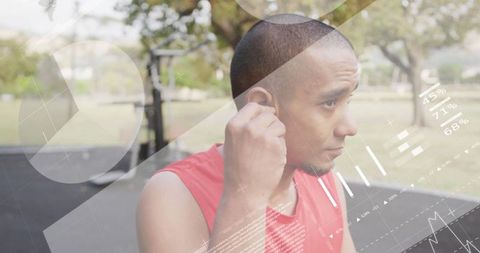 Man Preparing for Outdoor Workout with Digital Analytics Overlay