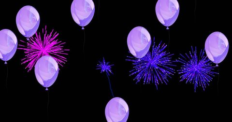 Lilac Balloons and Vibrant Fireworks in Night Sky Celebration