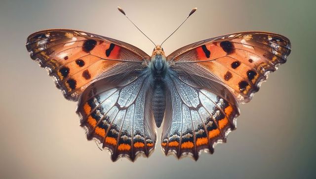 Vivid orange and iridescent blue butterfly spreading wings macro, detailed scales and veins