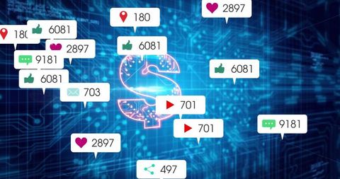 Digital Currency Concept with Neon Dollar and Social Media Alerts