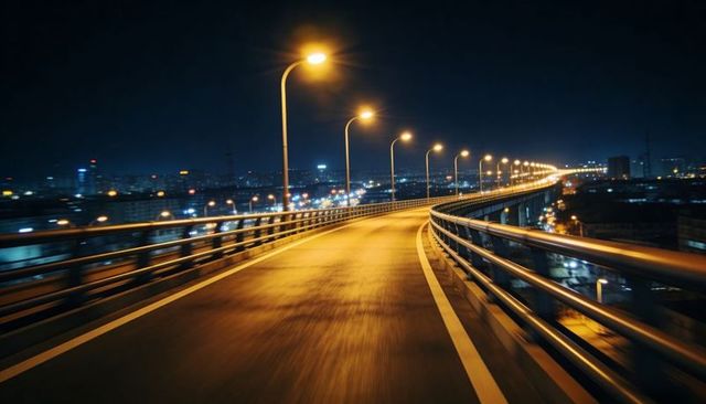 Curving elevated highway at night with glowing streetlights and urban skyline