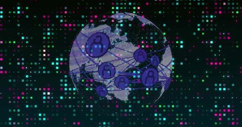 Rotating digital globe connecting purple user nodes visualizing global data network