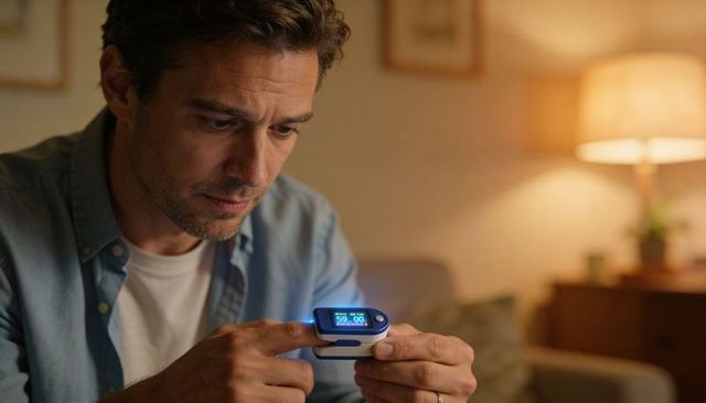 Middle-aged man checking fingertip pulse oximeter at home for evening wellness monitoring