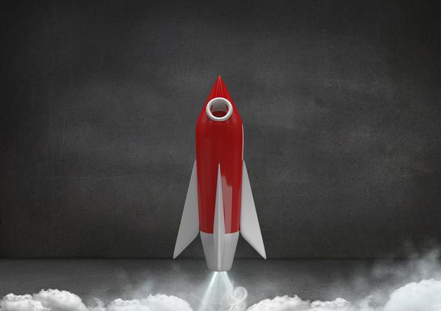 Digital composite of red 3D rocket launching in front outer space or start-up venture themes. Suitable for presentations, educational materials, motivational posters, or background visuals depicting technology and innovation.