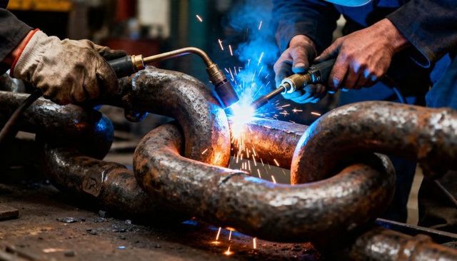 Metalworkers cutting giant rusted steel chain with oxy-fuel torches and flying sparks