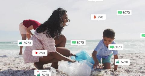 Family Engaged in Beach Cleanup with Social Media Notification Icons