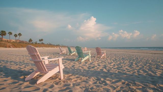 Pastel Adirondack Chairs by Tranquil Ocean Beach with Palm Trees