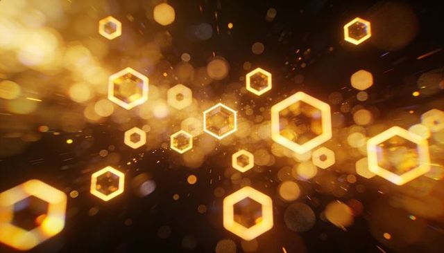 Glowing hexagon network floating in golden bokeh, futuristic abstract digital depth