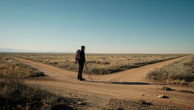 Male hiker standing at three-way desert crossroads adjusting tripod with red backpack