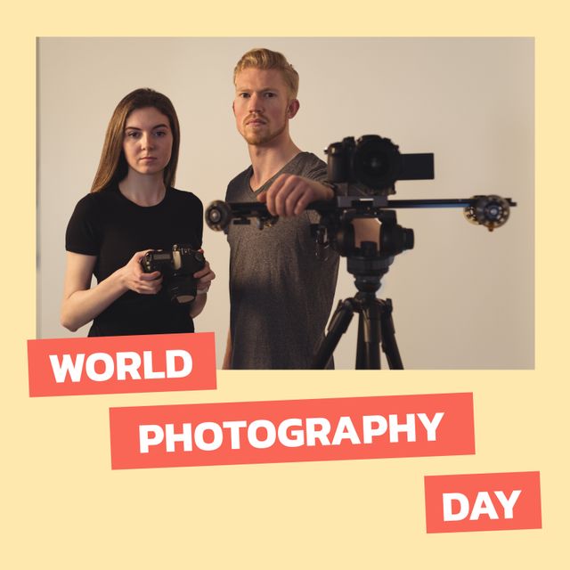 Photographer Duo Celebrating World Photography Day with Studio Equipment - Download Free Stock Templates Pikwizard.com