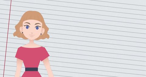 Cartoon Woman on Ruled Paper Background with Copy Space